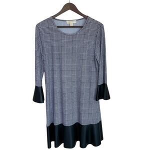 Michael Kors Black and White Gingham Dress with Faux Leather Accents - Large